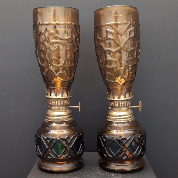 VGT, Sailboat Brand Set of 2 Amber Glass Oil Lamps . - Picture 1 of 11